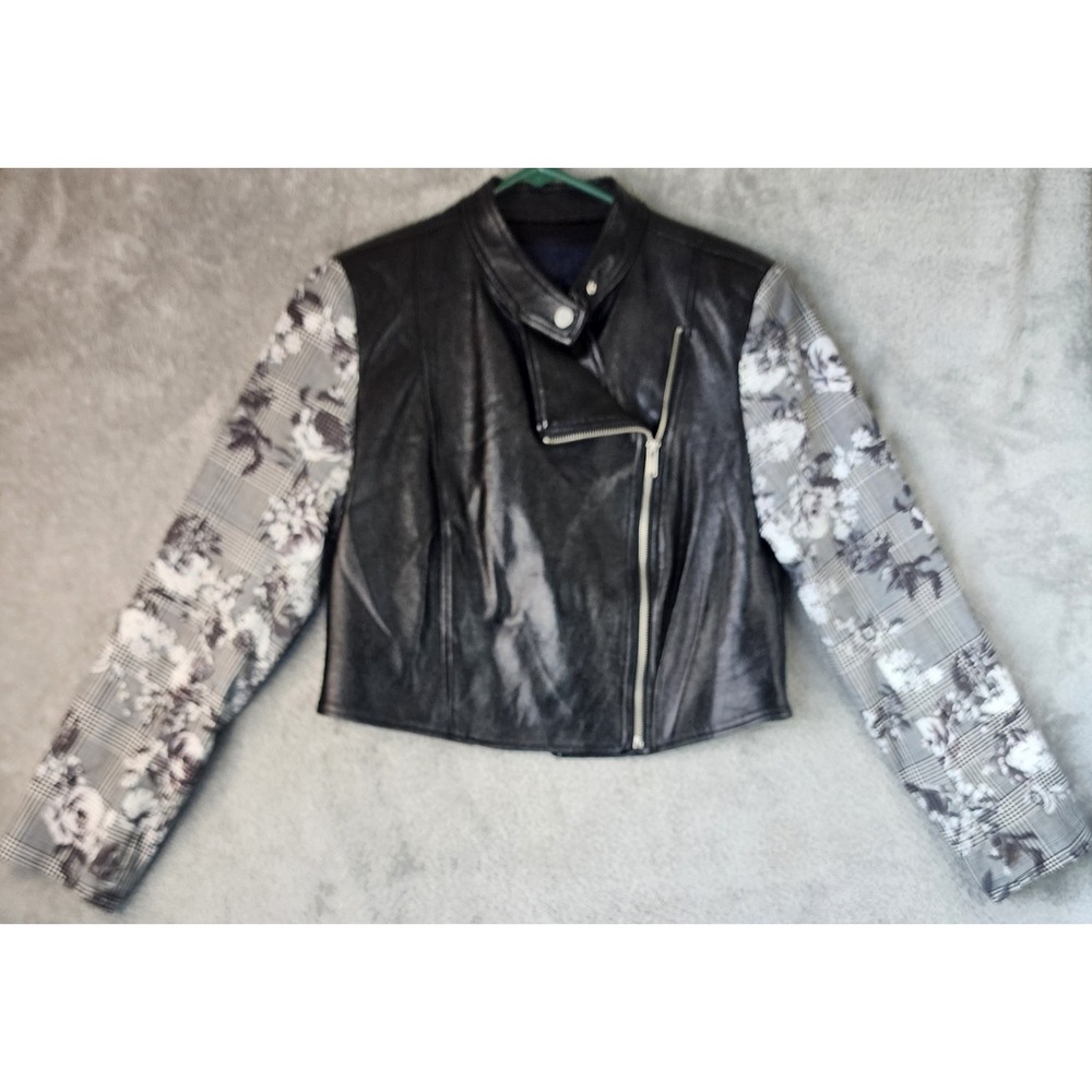 RACHEL Rachel Roy Jacket Womens Medium Black Floral Plaid Mixed Media Zip Moto